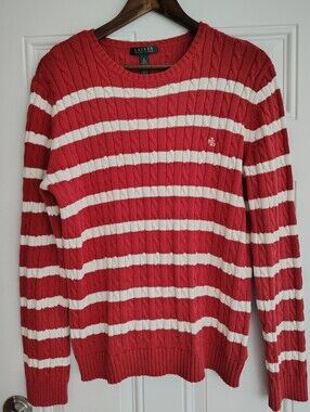 Lauren Ralph Lauren Red White Striped Cable-Knit Sweater Women's XL Cotton